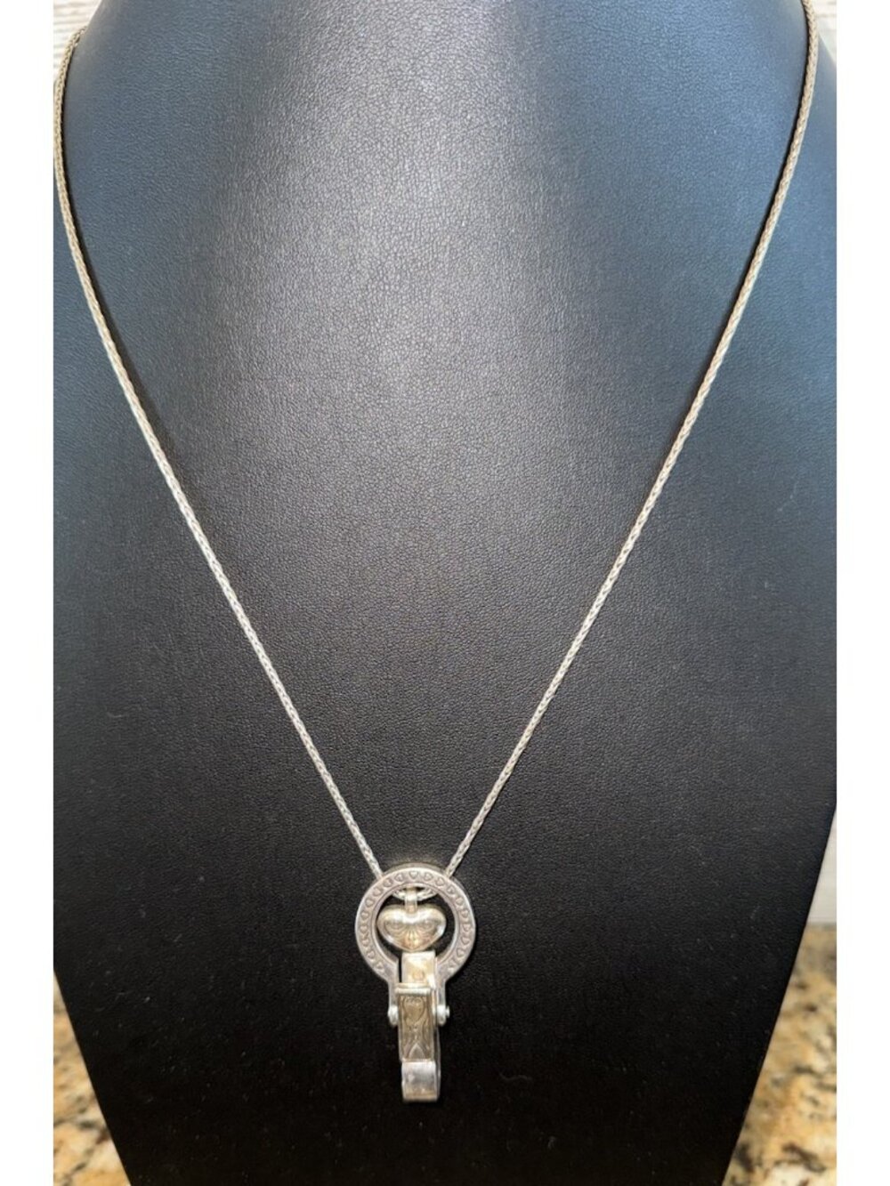 BRIGHTON Heart & Crystal Badge Clip Lanyard Necklace Silver